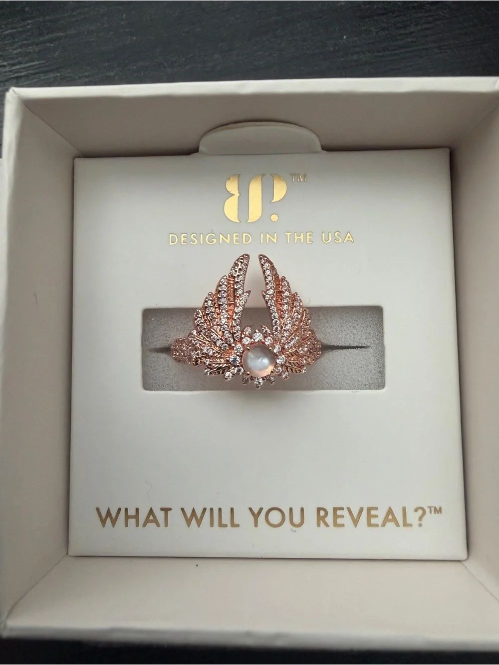 BP Halo collection Forever Lola Gold Winged Ring with genuine moonstone size 8